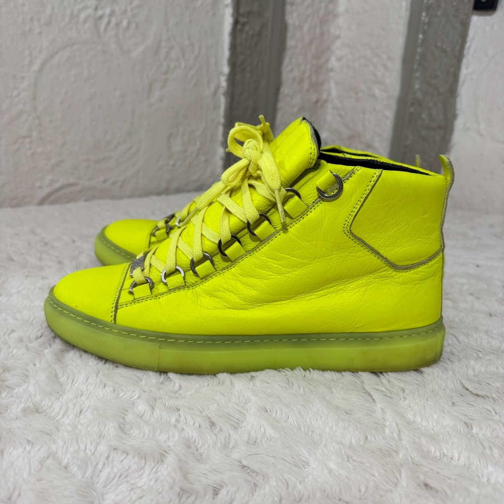 Balenciaga Arena Leather High Neon Sneakers Yellow 433296 Size 38 - Picture 3 of 12